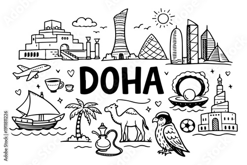 Doha travel doodle set, hand drawn Qatar city symbols and modern landmarks in line art style