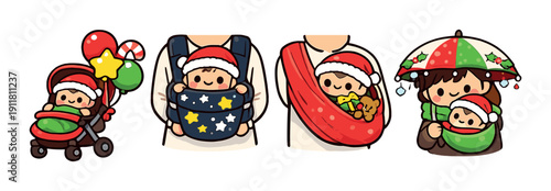 Cartoon babies in holiday strollers and carriers with christmas accessories