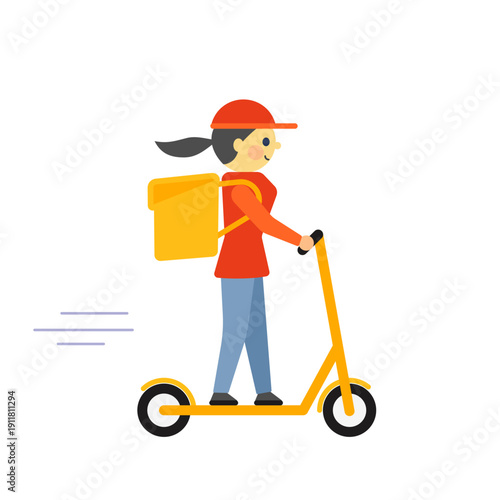 Delivery girl riding electric scooter cartoon character doodle style