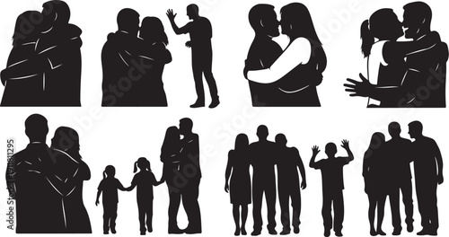 Silhouettes of people in various social interactions and relationships