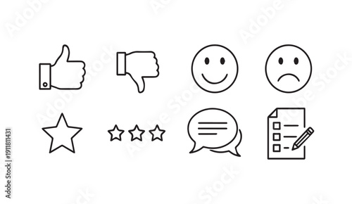 Customer feedback icons: thumbs up, thumbs down, stars, happy, sad faces, chat, survey