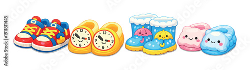 Colorful cartoon shoes and accessories with clocks and smiling clouds