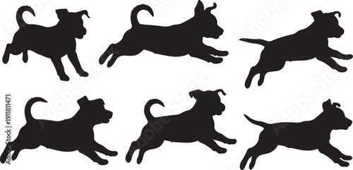 Set of black dog silhouettes running in different positions