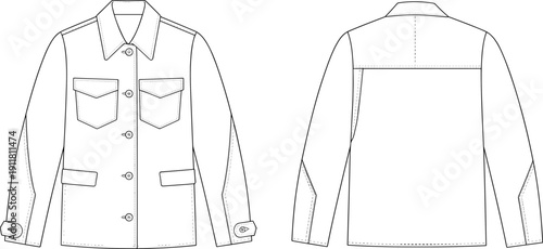 Classic men’s jacket technical flat sketch, button front outerwear design, professional CAD fashion vector illustration for apparel designers and garment production