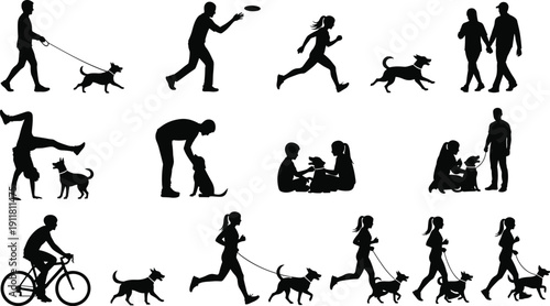 People with dogs silhouettes collection, walking running playing pet activities black vector illustration isolated set