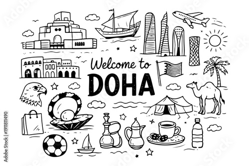 Doha travel doodle set, hand drawn Qatar city symbols and modern landmarks in line art style