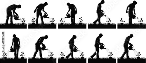 People watering plants silhouettes collection, man and woman gardening with watering can black vector illustration isolated on white