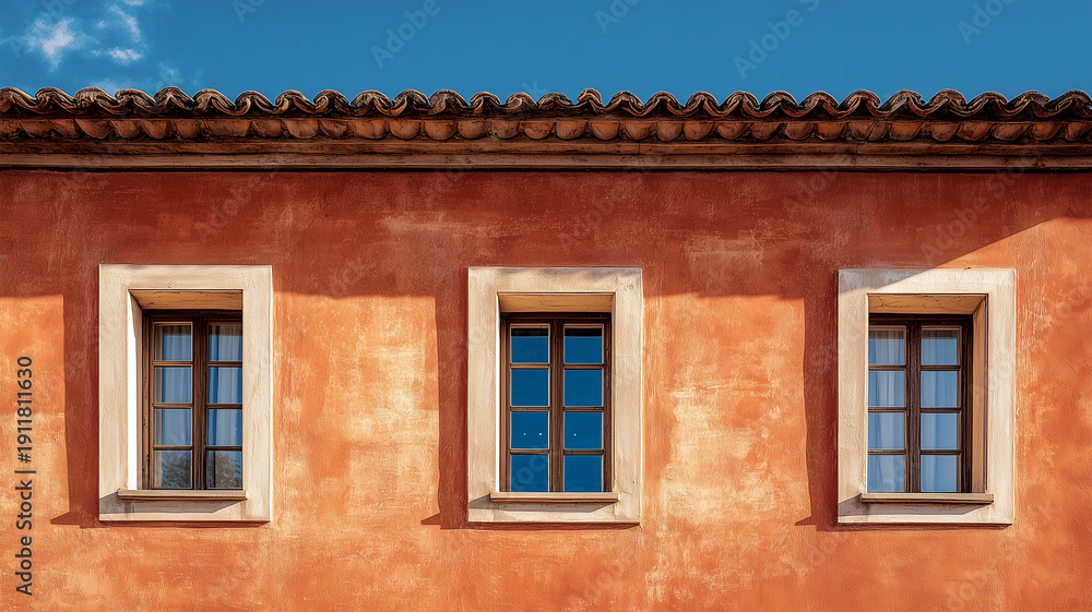 Obraz premium テラコッタ壁と瓦屋根が映える温かな住宅外観