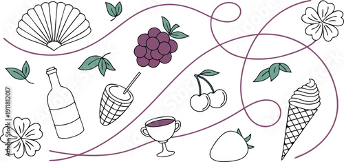 Whimsical summer pattern with line art illustrations of refreshing fruits, desserts, and drinks, accented with floral motifs, perfect for a cheerful seasonal design