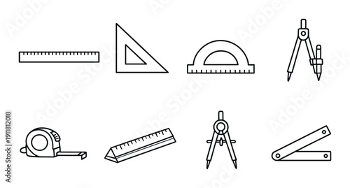 Essential geometric tools display: ruler, triangle, protractor, compass