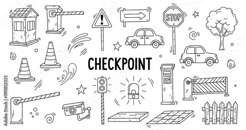 Doodle checkpoint elements with signs, barriers, and surveillance in black and white