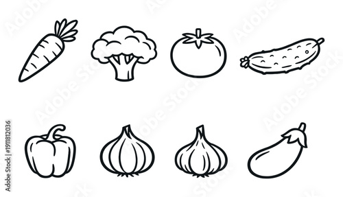 Outlined vegetables on dark background featuring carrot, tomato, broccoli, cucumber, bell pepper, onion, garlic, eggplant