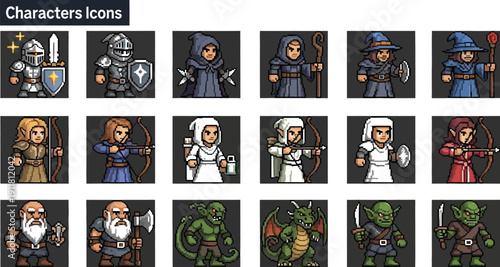 Collection of detailed pixel art fantasy game character icons featuring various roles like knights elves dwarves mages and goblins