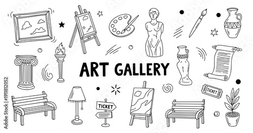 Art gallery elements: sketches of easels, sculptures, paintings, and tickets