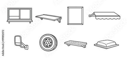 Minimalist vehicle parts icons set: windows, ramps, mirrors, wheels, roofs, awnings