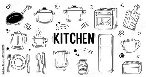 Black and white kitchen utensils and appliances doodle art