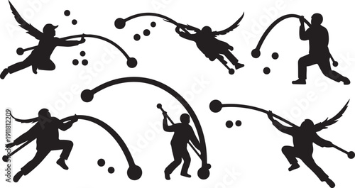 Silhouette of people playing with balls in various poses