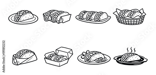 Assorted taco icon set on gray background for graphic design