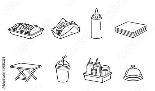 Fast food icons: tacos, condiments, beverage, tray, cloche, table