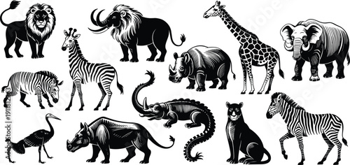 African safari animal silhouette collection illustration isolated on white background, lion elephant giraffe zebra rhinoceros wildlife design set elements vector