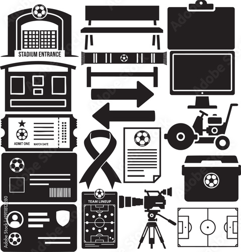 Soccer Stadium, Media and Match Management Silhouette Icon Set