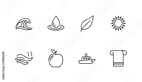 Nature and Lifestyle Icons: Wave, Water Drop, Leaf, Sun, Steam, Boat, Towel