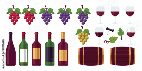 Collection of wine grapes bottles glasses and wooden barrels