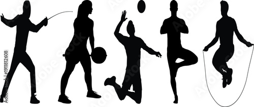 Silhouettes of children playing with jump rope and ball