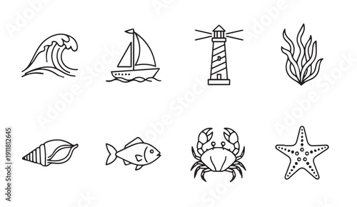 Nautical Icons Collection: Wave, Sailboat, Lighthouse, Seaweed, Shell, Fish, Crab, Starfish