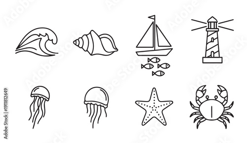 Nautical Icons Set: Wave, Shell, Sailboat, Lighthouse, Jellyfish, Starfish, Crab