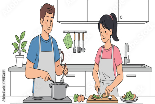 Couple cooking together, preparing healthy meal, chopping vegetables, kitchen lifestyle, homemade food, teamwork, love, happiness, family cooking, culinary skills, nutrition