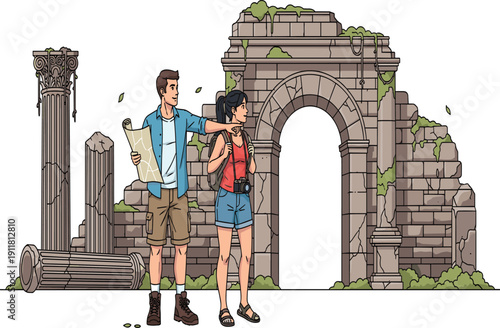 Couple exploring ancient ruins, tourists with map, historical travel adventure, stone arch, Roman architecture, summer vacation, archeological site, nature, discovery