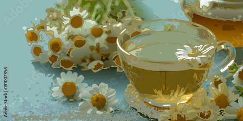 A painted still life featuring chamomile tea flowers and a teapot
