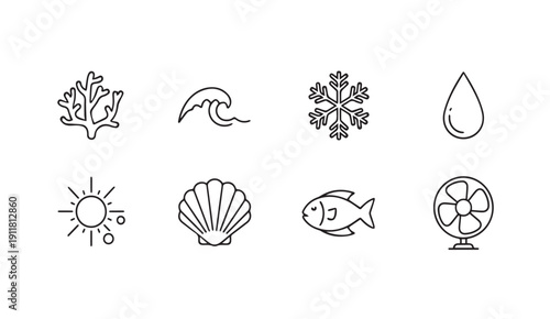 Ocean Life and Weather Icons: Coral, Wave, Snowflake, Droplet, Sun, Shell, Fish, Fan