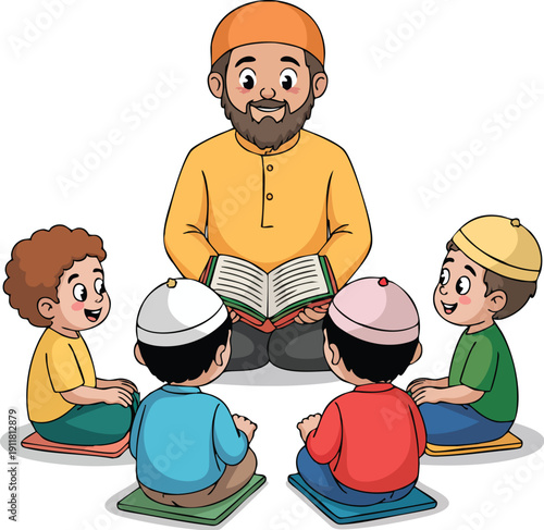 Teacher reading holy book to children in circle s