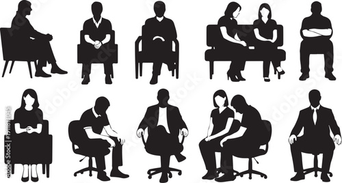 Silhouettes of people sitting in various chairs and poses