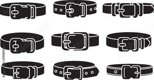 Collection of various black leather belts with metal buckles