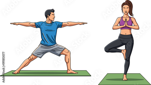 Couple practicing yoga, meditation, fitness exercise, healthy lifestyle, relaxation, balance, flexibility, strength training, mindfulness, wellness routine, stress relief, outdoor workout