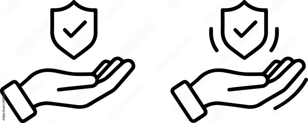 Obraz premium Hands holding shield icons representing protection and security