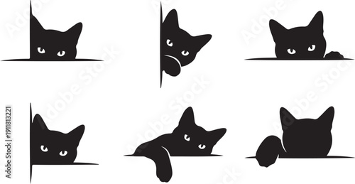 Black cat peeking from behind white background in various poses