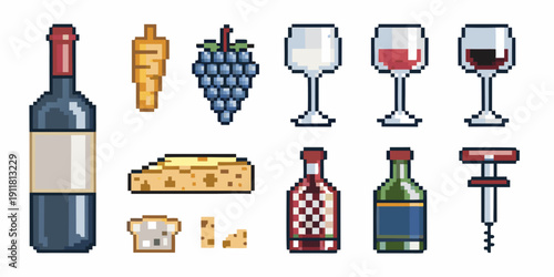 Pixel art illustration of wine cheese and related accessories
