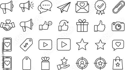Marketing and communication line icons set with megaphone, email, gift and social interaction symbols