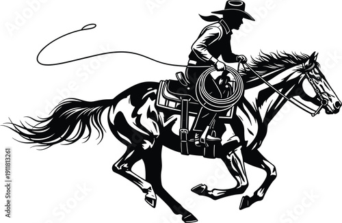 Black and white silhouette of cowboy riding galloping horse with lasso, detailed saddle and tack, symbolizing Western culture, rodeo, ranching, and frontier lifestyle artwork