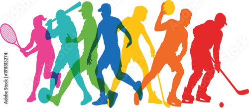 Colorful diverse sports silhouette vector illustration set, showing tennis, baseball, basketball and ice hockey movement concept