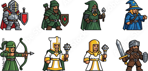 A collection of eight distinct medieval fantasy role playing game characters including a knight archer wizard and priest icons for game design.