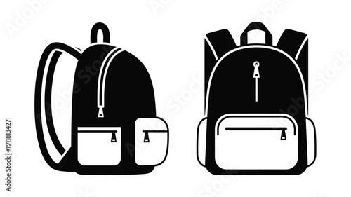 Two black backpacks displayed in a bold graphic silhouette