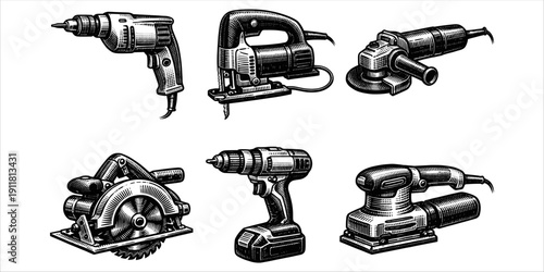 Vintage electric tools engraving set, antique power equipment sketch in woodcut style