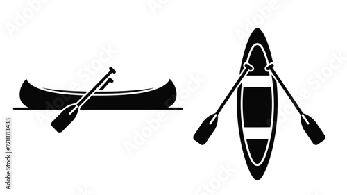 Two watercraft a canoe and kayak depicted in black silhouette