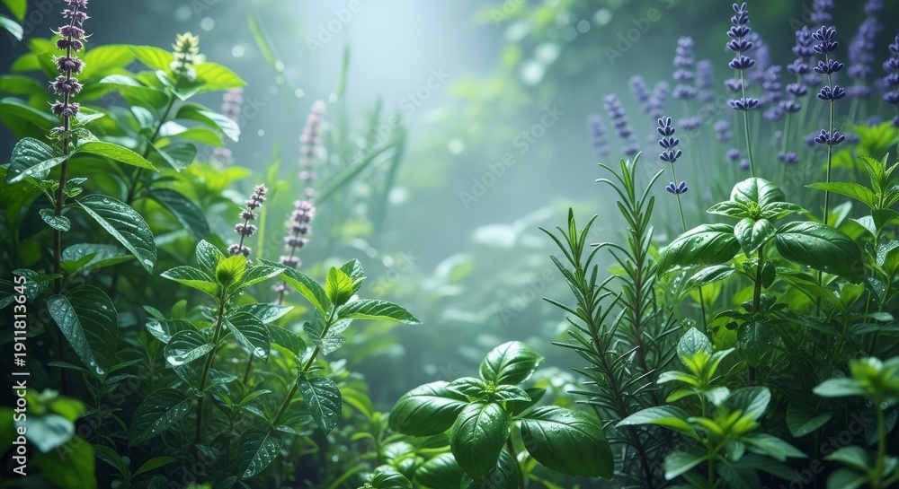 Naklejka premium Serene garden scene with lush greenery and purple blooms