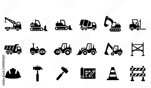 Construction and Heavy Machinery Solid Glyph Icon Set – Industrial Vehicles and Engineering Symbols